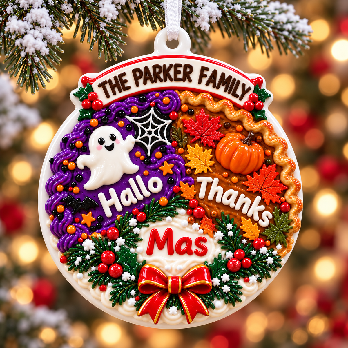 Hallo Thanks Mas Holiday Trio Hanging Medallion with Autumn Leaves and Ghost - 3D Relief Ornament