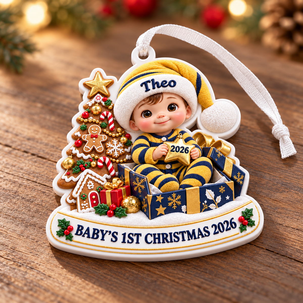 Baby's First Christmas Keepsake with Tree and Gingerbread Scene - 3D Relief Ornament