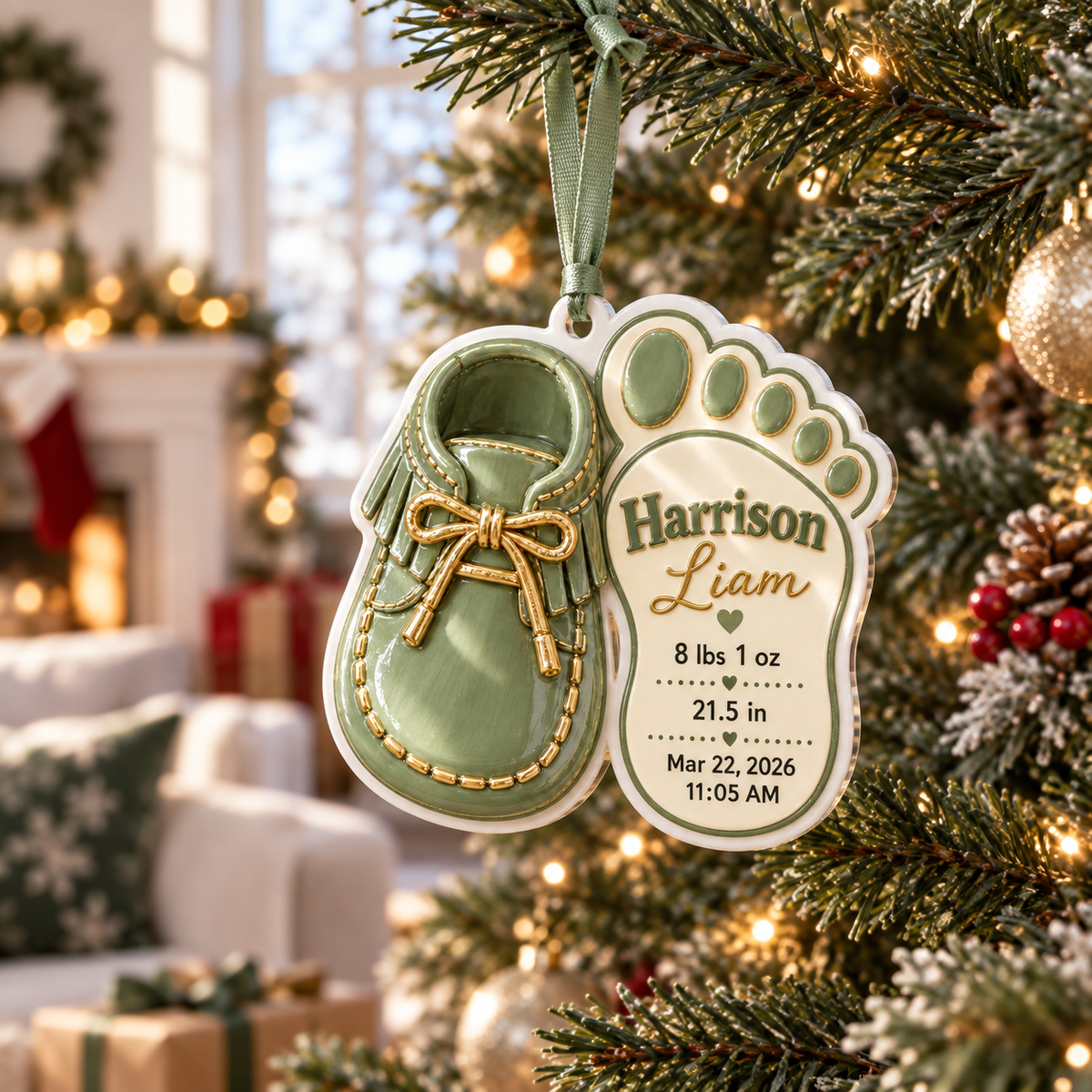 Baby Bootie Shoe and Footprint Birth Announcement Keepsake, Sage Green Holiday Decor - 3D Relief Ornament