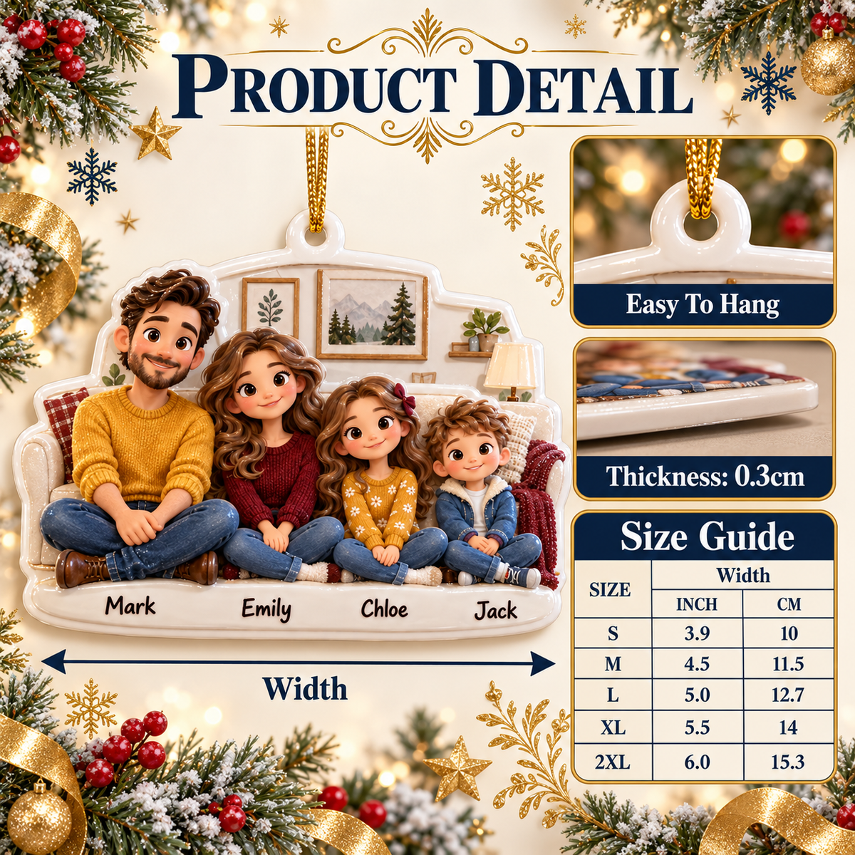 Cartoon Family of Four on Living Room Couch Hanging Holiday Keepsake - 3D Relief Ornament