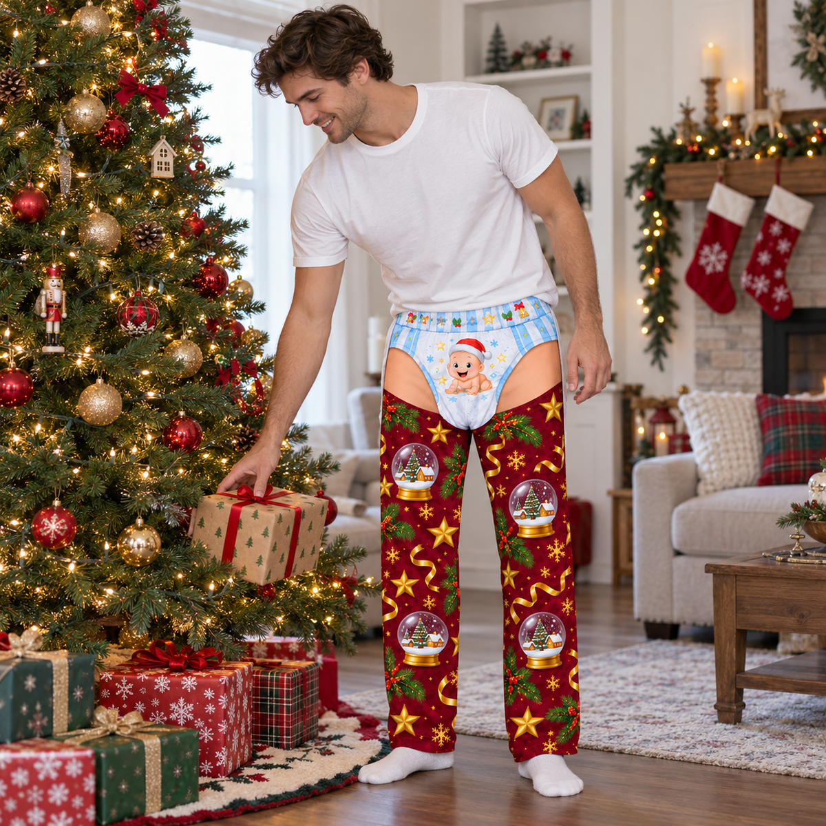 Novelty Christmas Diaper Pajama Pants Men Holiday Loungewear