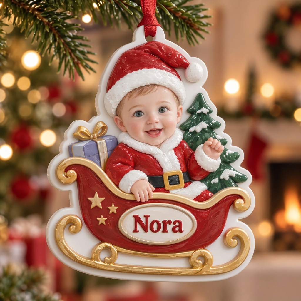 Baby Santa Sleigh Holiday Tree Hanging Keepsake in Red and Gold - 3D Relief Ornament