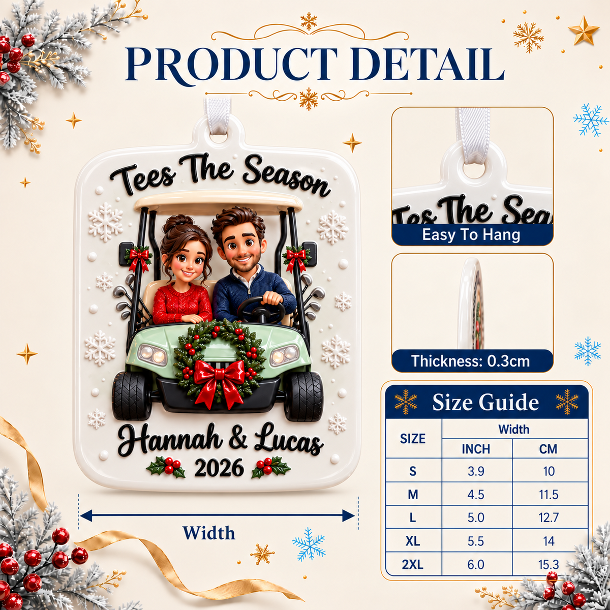 Golf Cart Couple Christmas Holiday Keepsake Plaque - 3D Relief Ornament