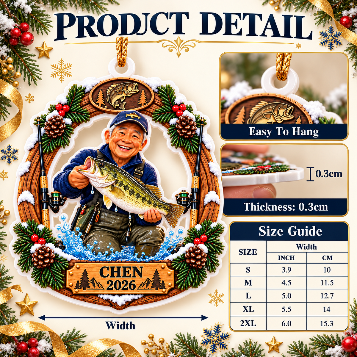 Bass Fisherman Catch Wreath Acrylic Holiday Keepsake - 3D Relief Ornament