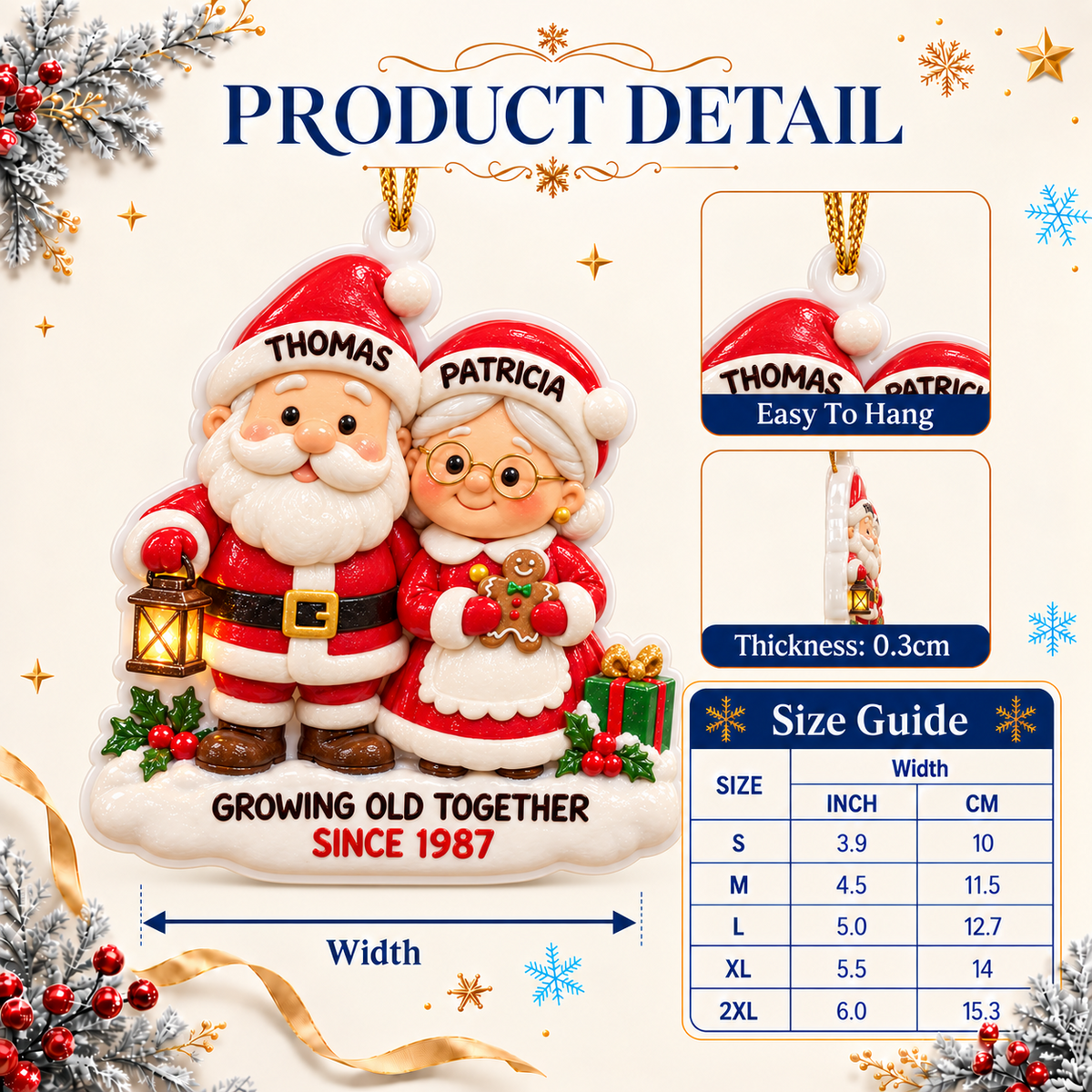 Santa and Mrs Claus Couple Christmas Tree Hanging Keepsake Plaque - 3D Relief Ornament