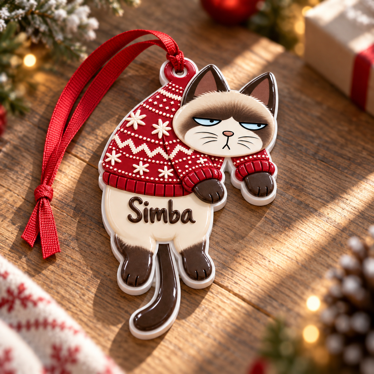 Dangling Seal Point Siamese Cat in Red Snowflake Winter Sweater - 3D Relief Ornament