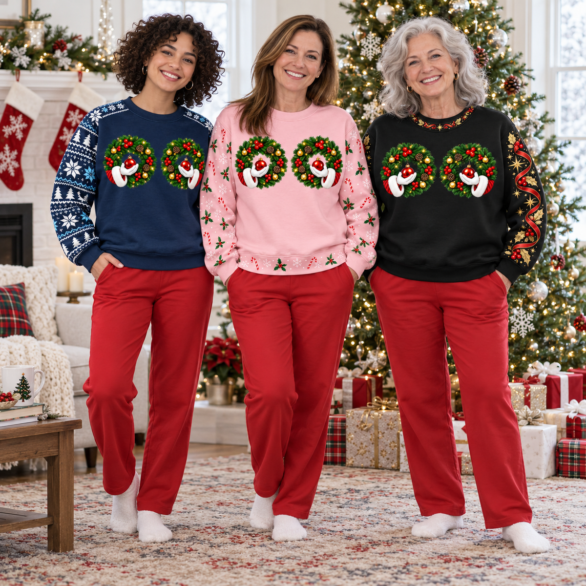 Christmas Sweatshirt with Funny Wreath Ornaments Holiday Crewneck