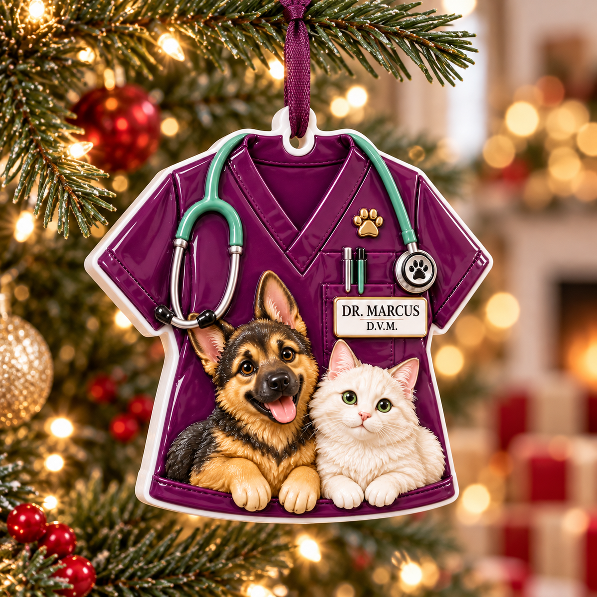 Veterinarian Scrub Uniform with German Shepherd Dog and White Cat - 3D Relief Ornament