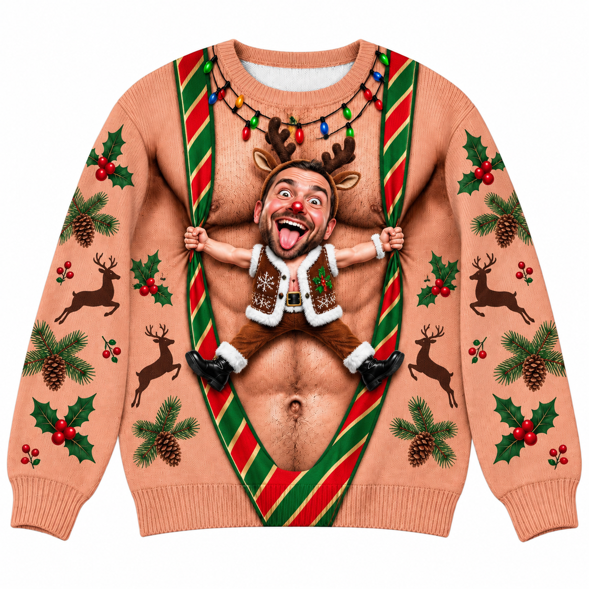 Ugly Christmas Sweatshirt Faux Hairy Chest Candy Cane Suspenders
