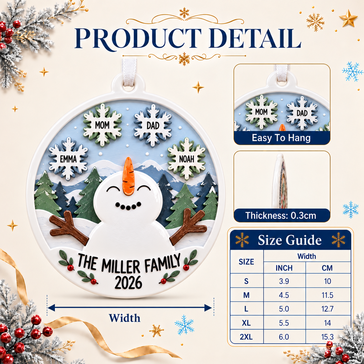 Snowman Family Winter Snowflakes Christmas Tree Hanging Decor, Round Pine Forest Scene - 3D Relief Ornament