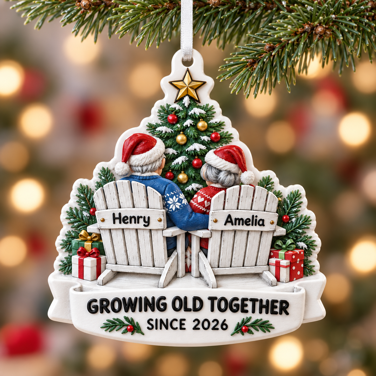 Christmas Tree Hanging Decor Growing Old Together Couple in Adirondack Chairs - 3D Relief Ornament