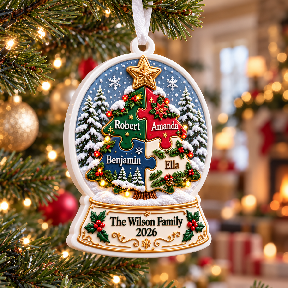 Snow Globe Shaped Holiday Tree Hanging Decor in Glossy White Finish - 3D Relief Ornament