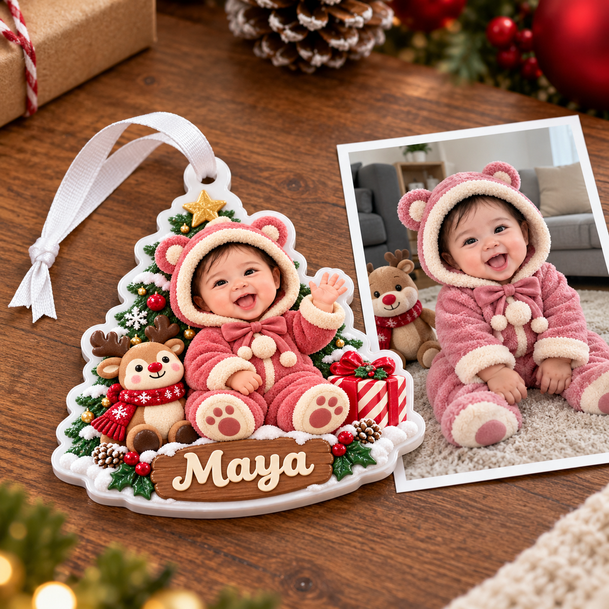 Baby Girl First Christmas Tree Plaque with Reindeer and Teddy Bear Suit - 3D Relief Ornament