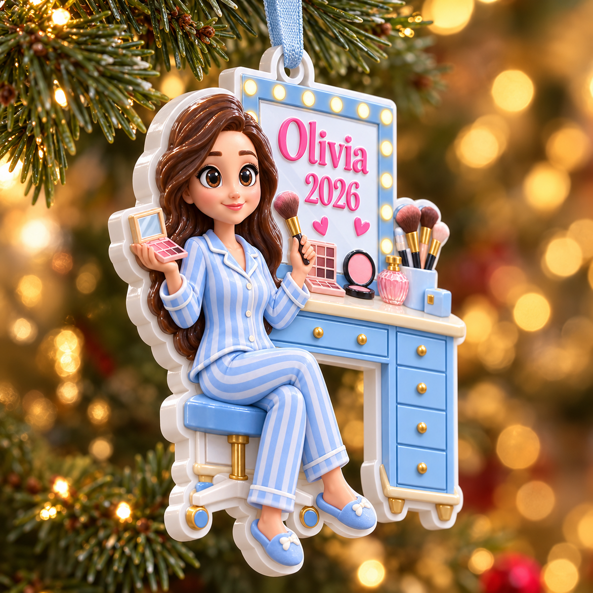 Girl in Pajamas at Vanity Mirror with Makeup Brushes - 3D Relief Ornament