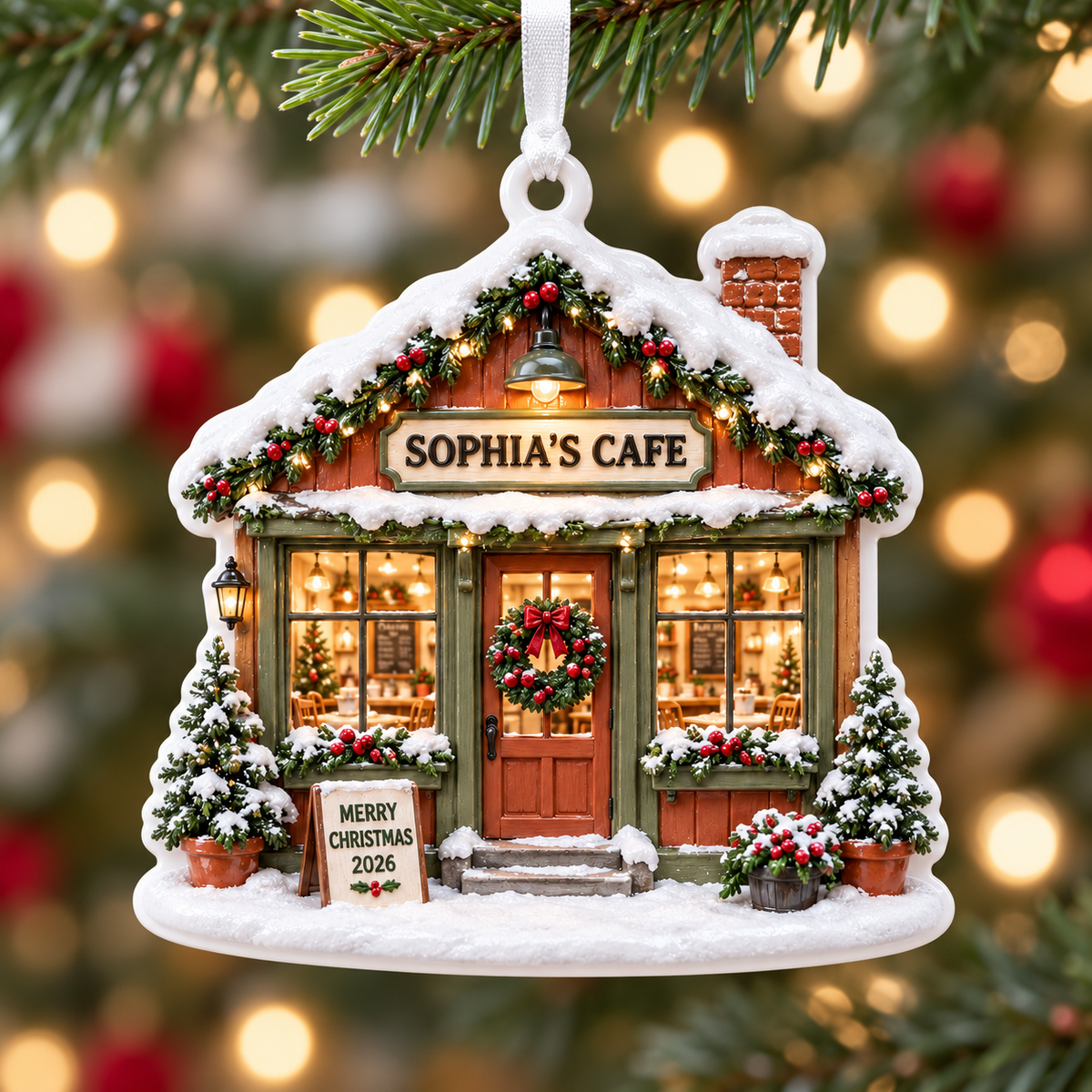 Snowy Christmas Cafe Storefront Hanging Holiday Decoration - 3D Relief Ornament
