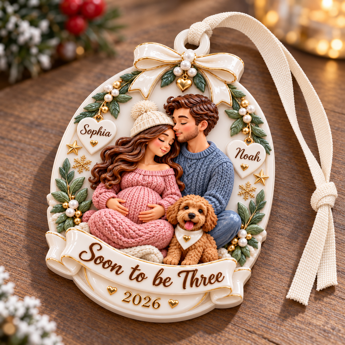 Expecting Couple with Dog Oval Keepsake Hanging Holiday Plaque - 3D Relief Ornament