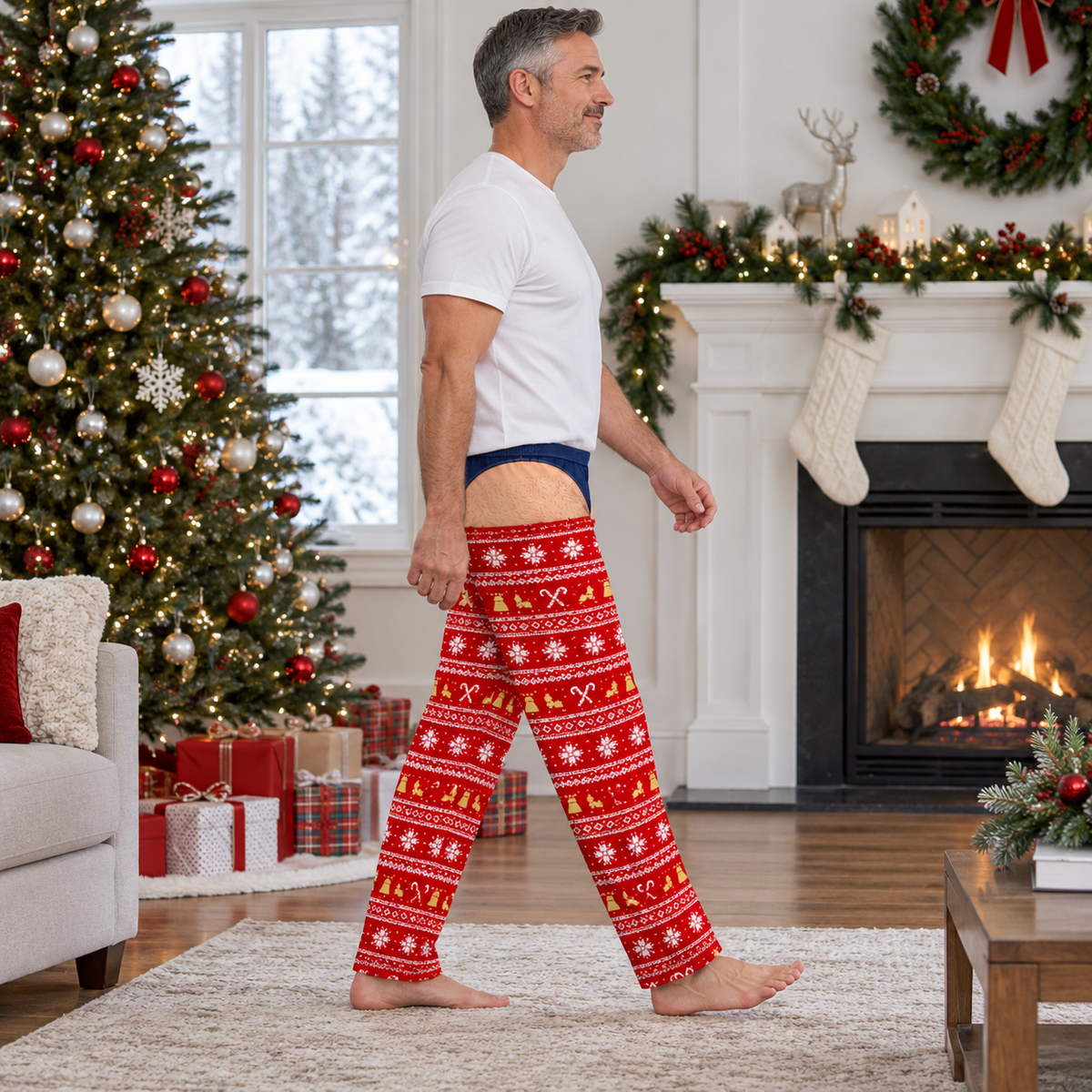 Novelty Faux Thong Christmas Pajama Pants, Graphic Holiday Loungewear