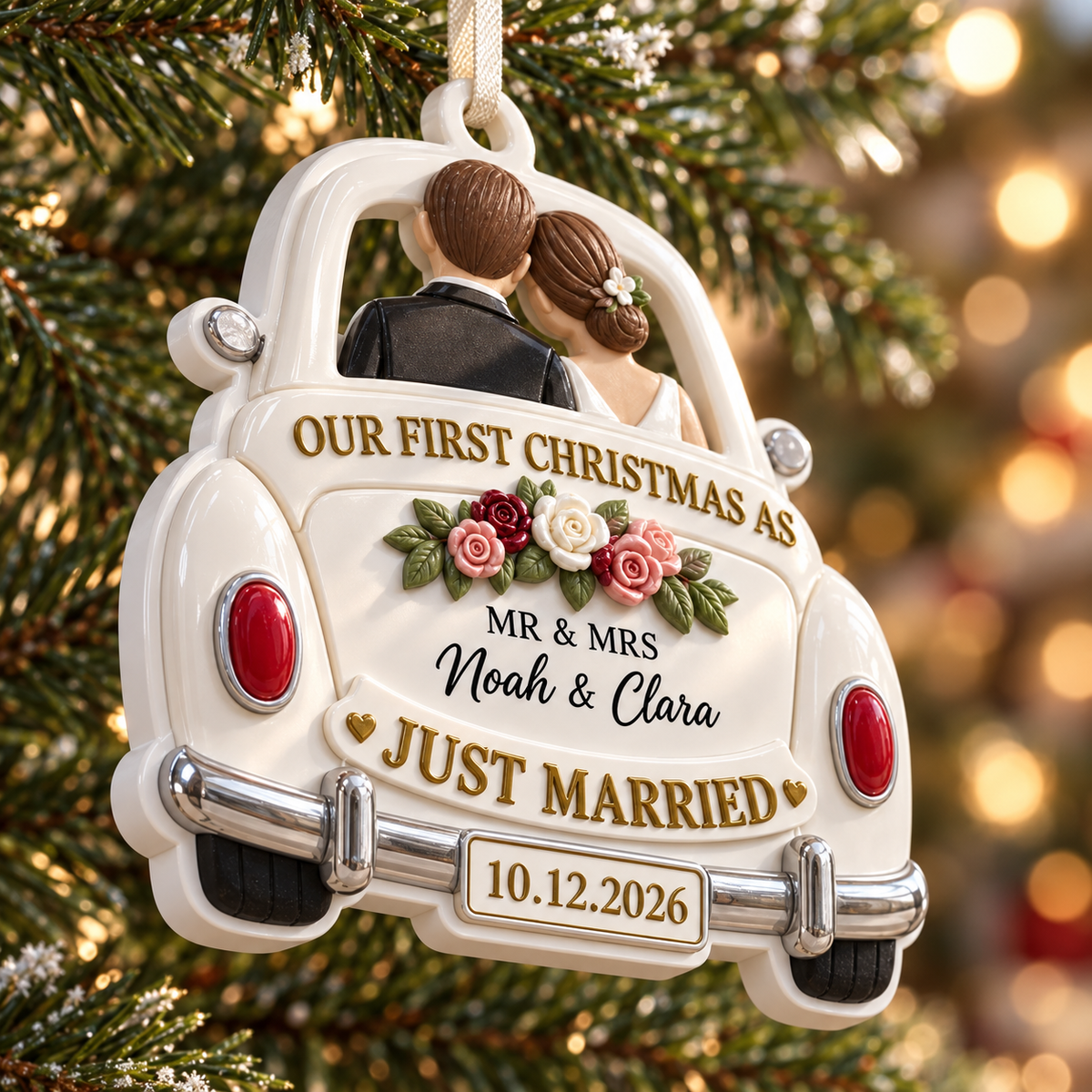 Just Married Vintage Getaway Car First Christmas Newlywed Couple Holiday Keepsake - 3D Relief Ornament