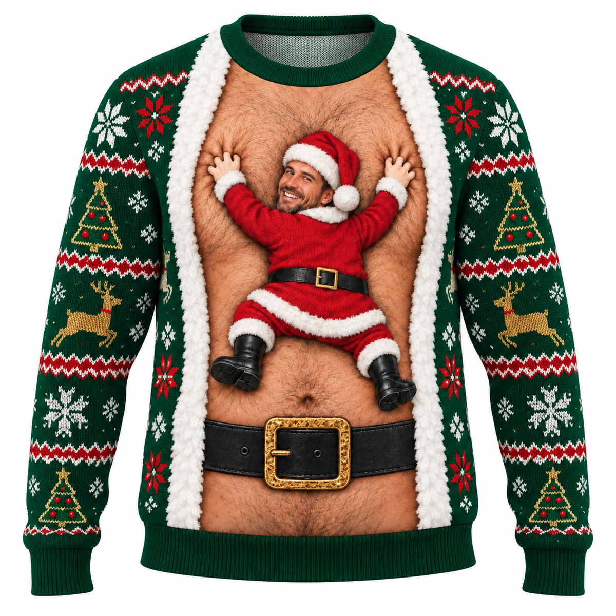 Funny Christmas Sweatshirt Hairy Chest Santa Faux Cardigan Crewneck