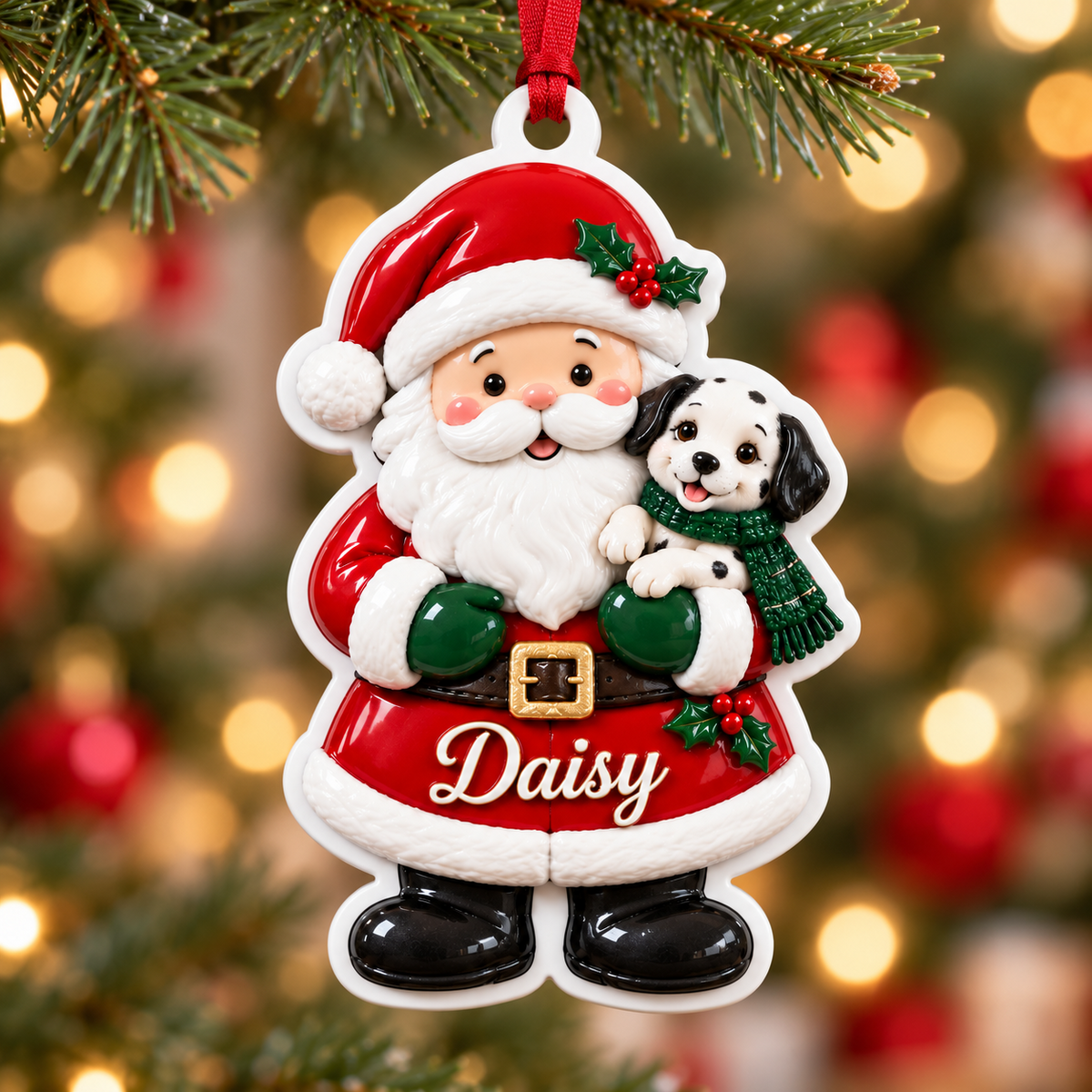 Santa Claus Holding Spotted Puppy Dog Christmas Tree Hanging Accent - 3D Relief Ornament