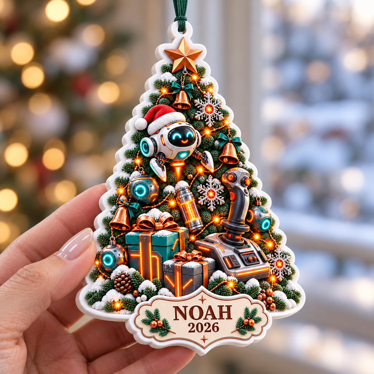 Gamer Christmas Tree Holiday Hanging Keepsake with Robot and Joystick - 3D Relief Ornament