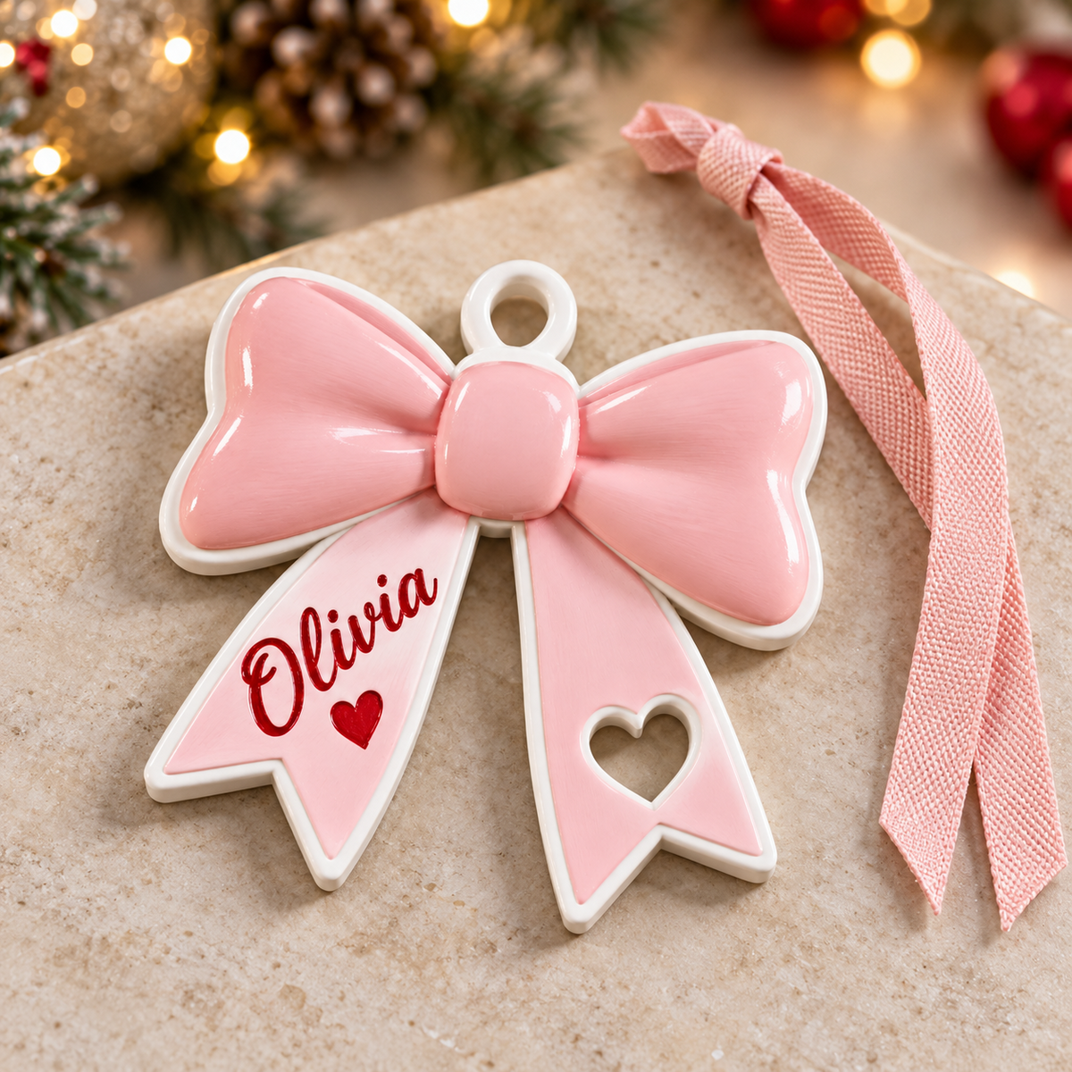 Coquette Pink Ribbon Bow Holiday Tree Keepsake with Heart Cutout - 3D Relief Ornament
