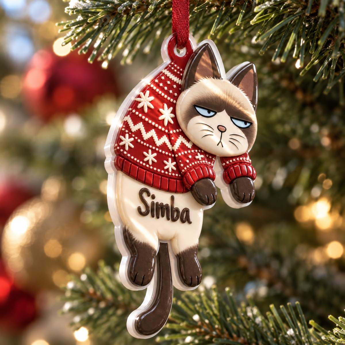 Dangling Seal Point Siamese Cat in Red Snowflake Winter Sweater - 3D Relief Ornament