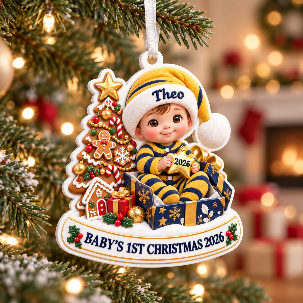 Baby's First Christmas Keepsake with Tree and Gingerbread Scene - 3D Relief Ornament