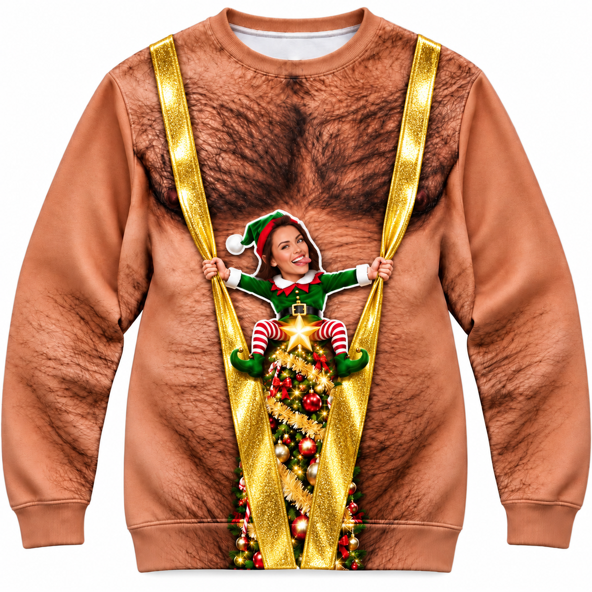Funny Christmas Sweatshirt, Hairy Chest Elf Graphic Holiday Pullover