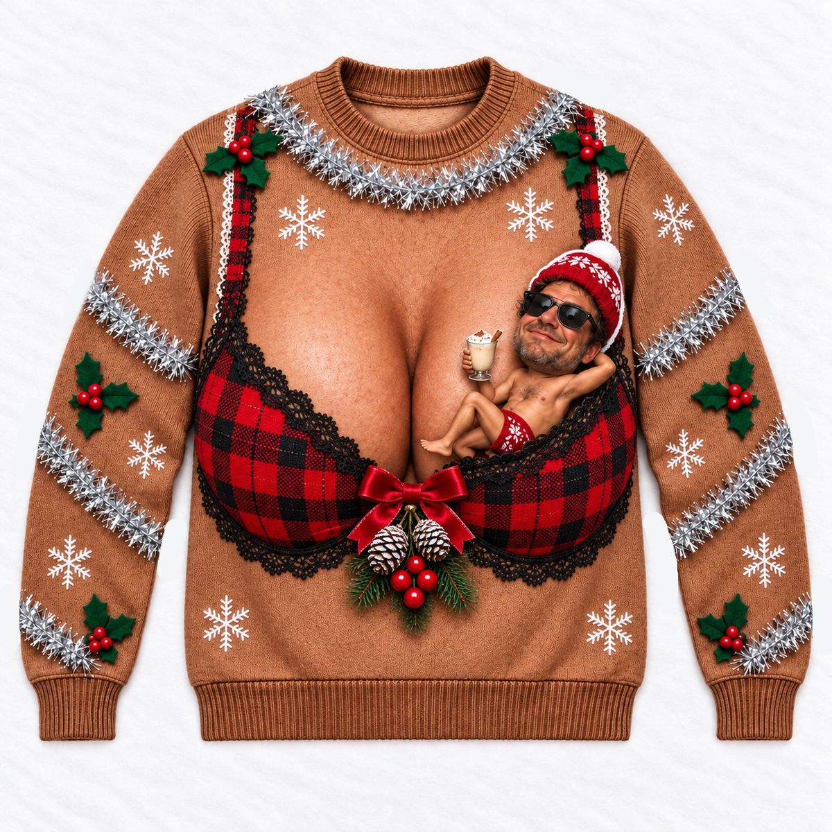 Funny Christmas Sweatshirt, Brown Novelty Plaid Bra Graphic Crewneck