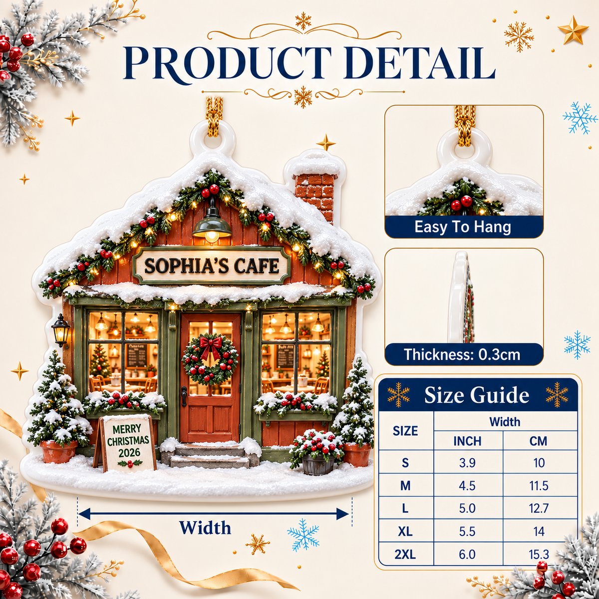 Snowy Christmas Cafe Storefront Hanging Holiday Decoration - 3D Relief Ornament