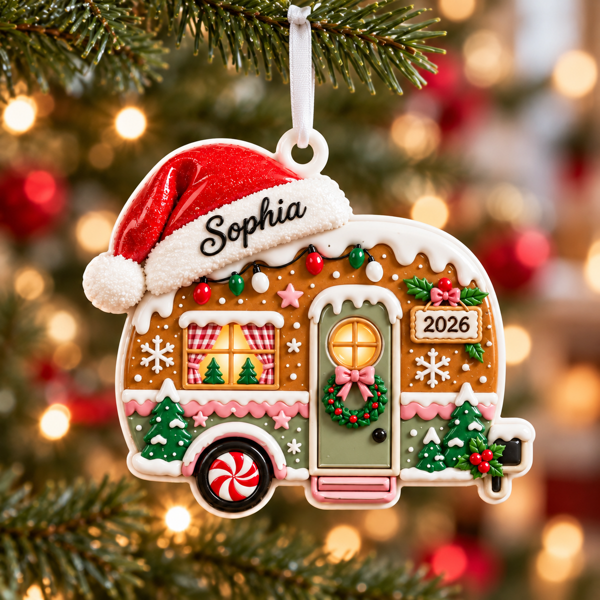 Gingerbread Camper Holiday Decoration with Santa Hat - 3D Relief Ornament