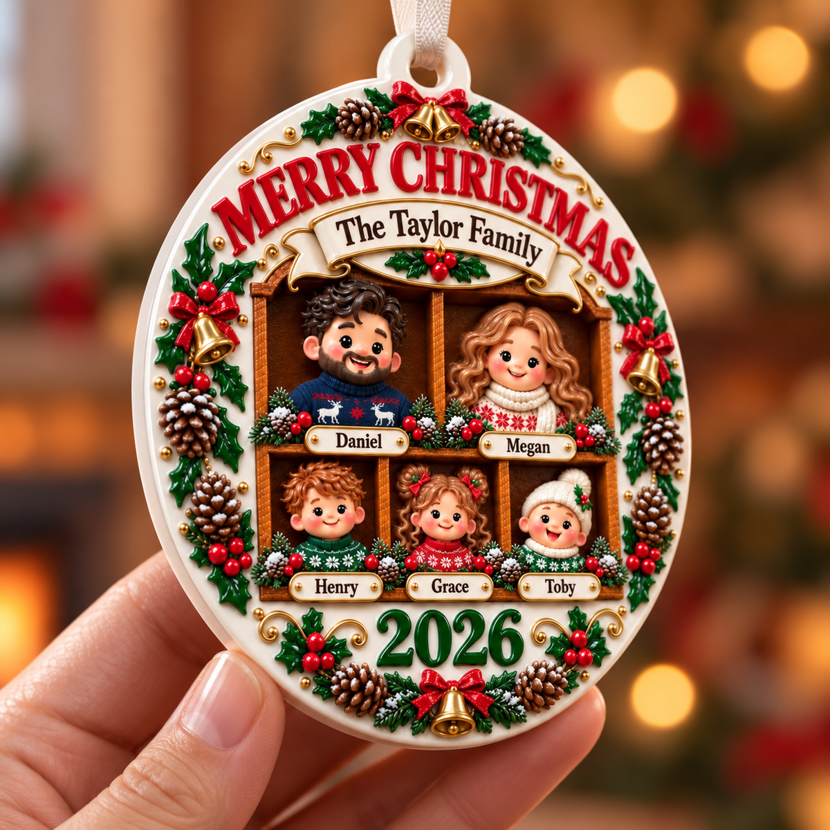 Family of Five Holiday Keepsake Acrylic Medallion with Pinecones - 3D Relief Ornament