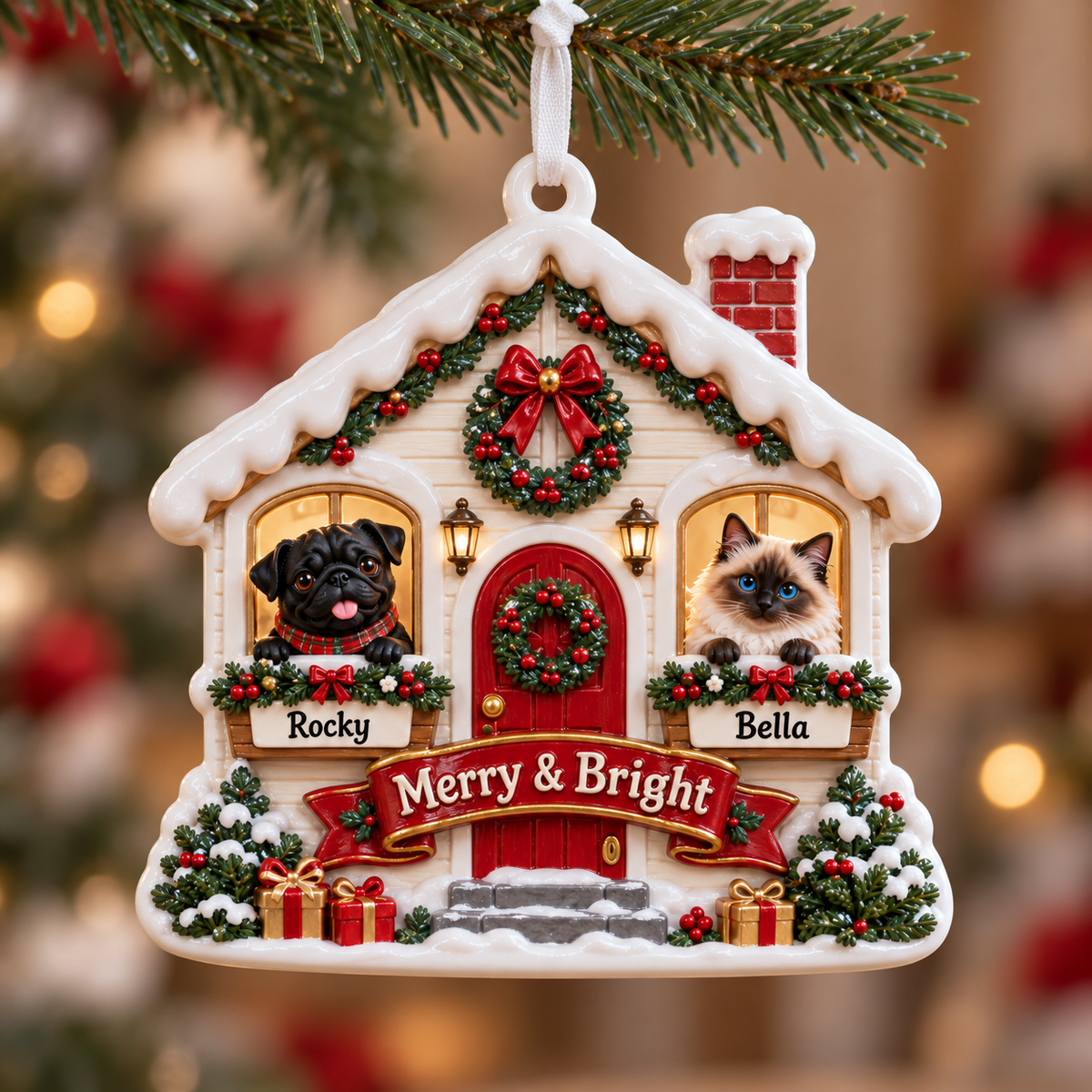 Winter Cottage Dog and Cat Holiday Keepsake Plaque - 3D Relief Ornament