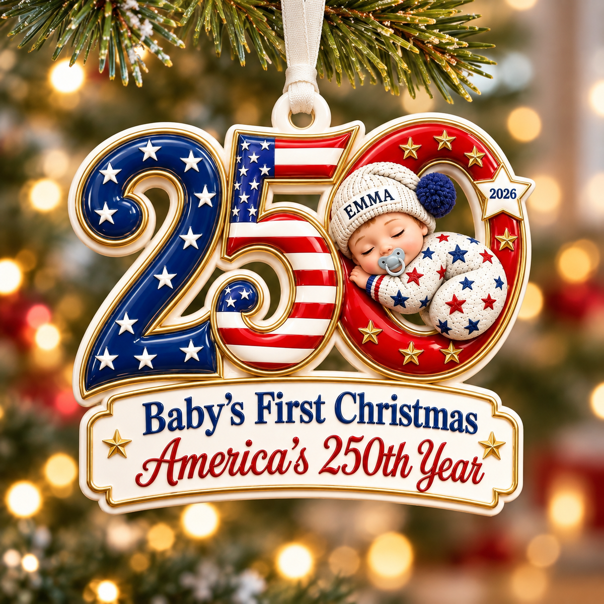 Baby's First Christmas America 250th Year 2026 Patriotic Holiday Keepsake - 3D Relief Ornament