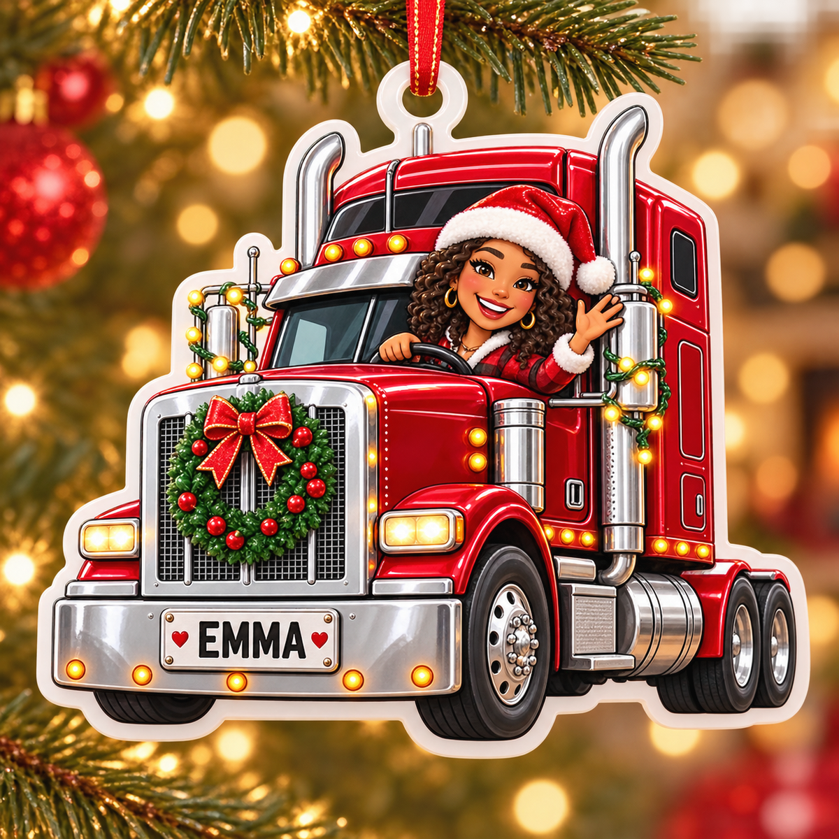 Red Semi Truck Female Driver Holiday Acrylic Tree Hanging - 3D Relief Ornament