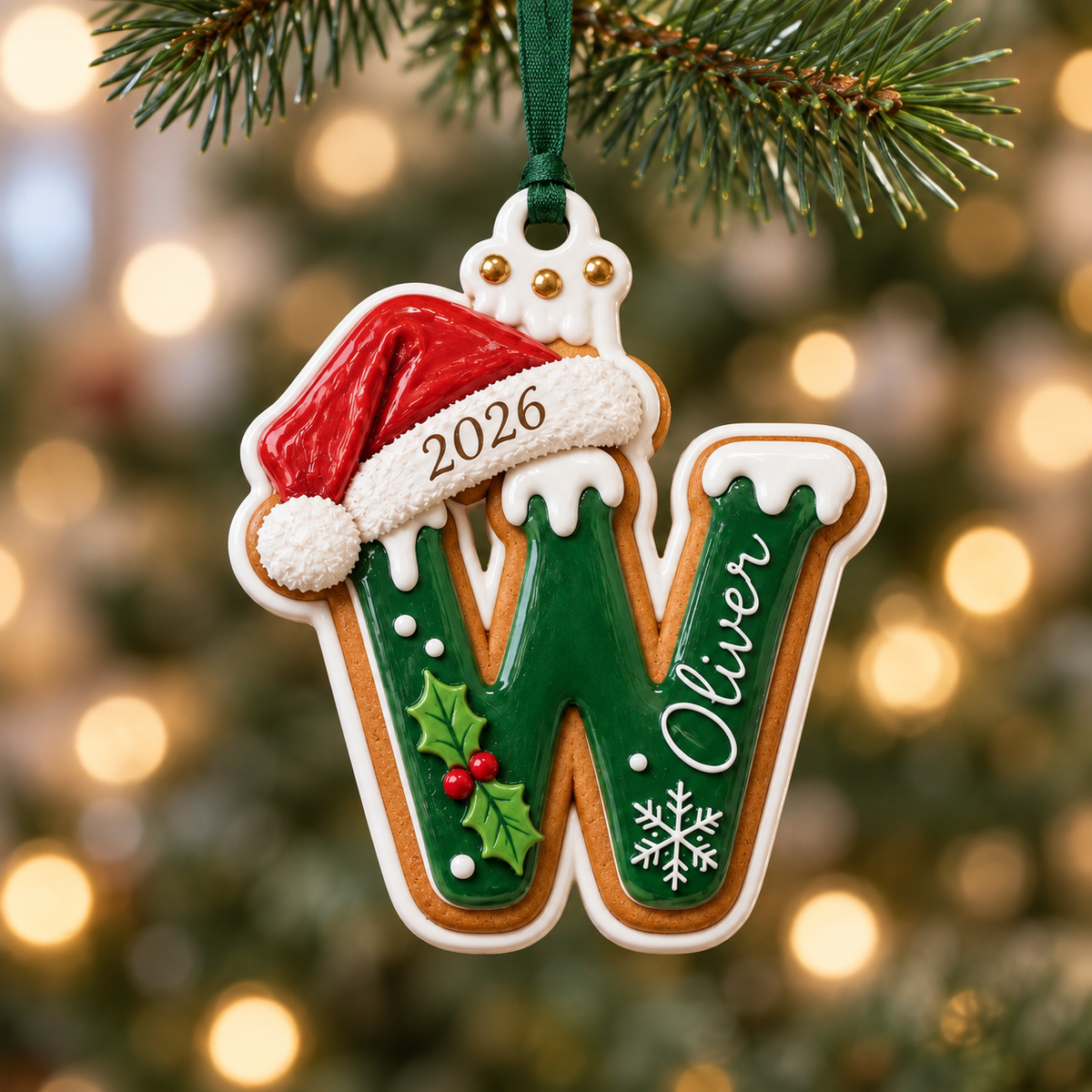 Gingerbread Cookie Letter Christmas Tree Hanging Decoration with Santa Hat - 3D Relief Ornament
