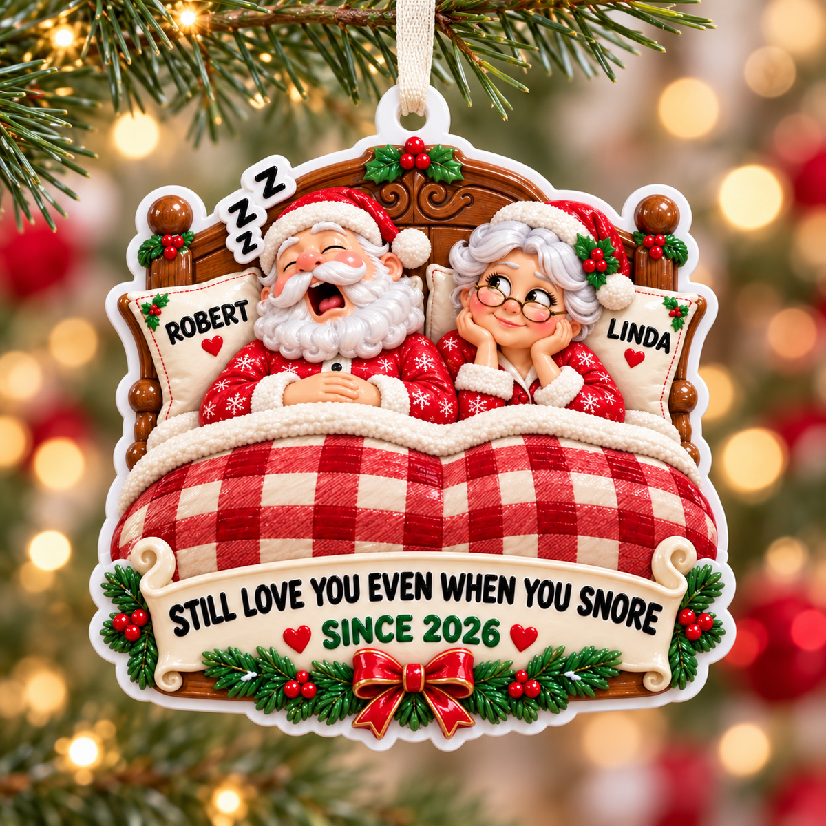 Sleeping Couple in Bed with Plaid Quilt Holiday Keepsake - 3D Relief Ornament