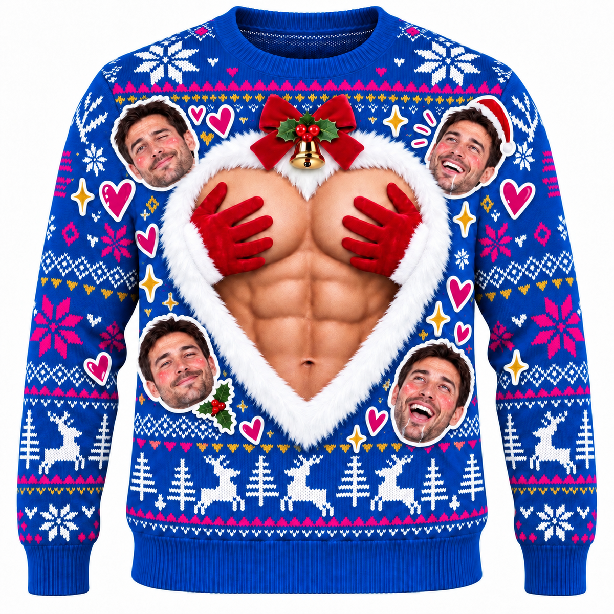 Funny Ugly Christmas Sweater Muscular Chest Heart Graphic Pullover