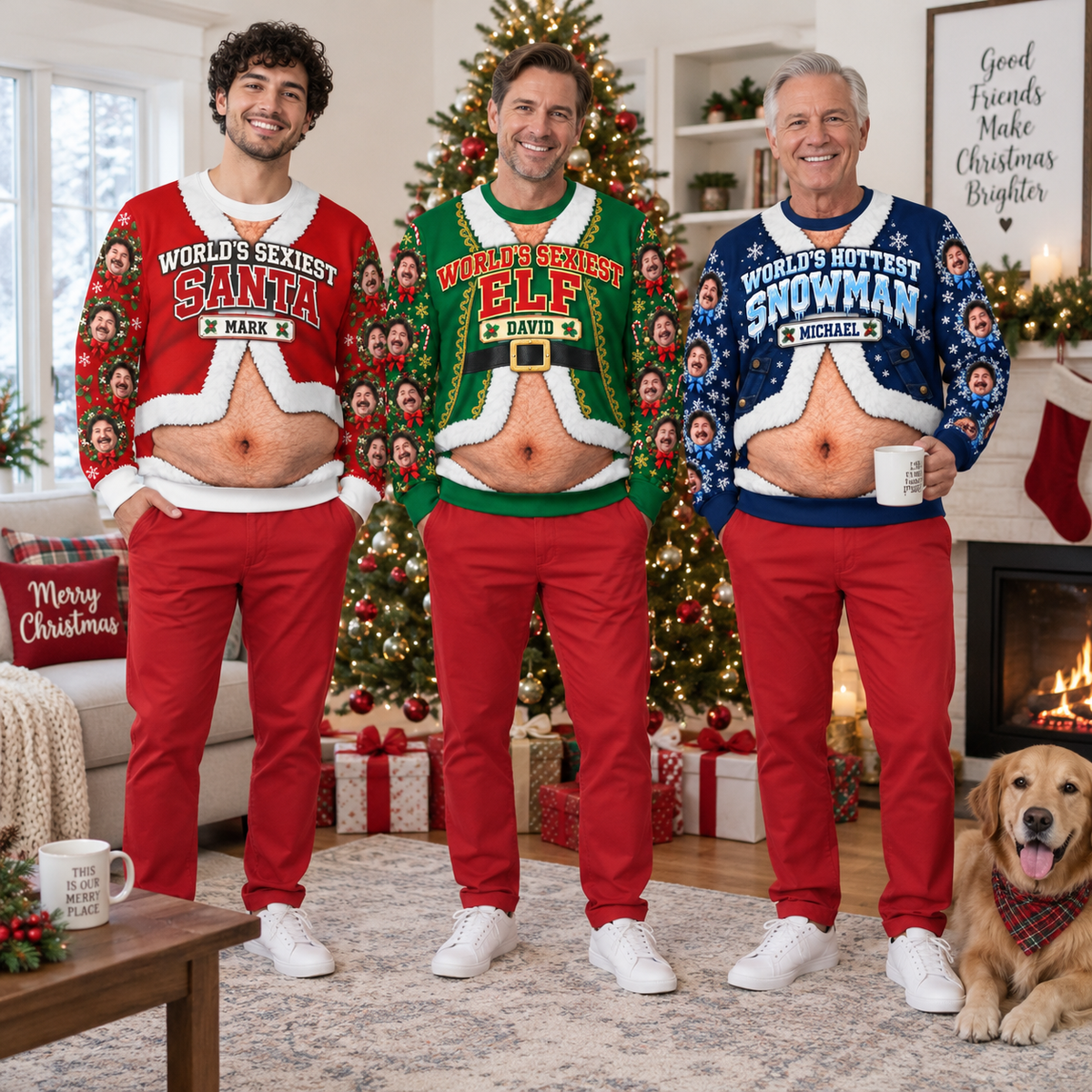 Funny Christmas Sweatshirt Hairy Belly Print Holiday Crewneck