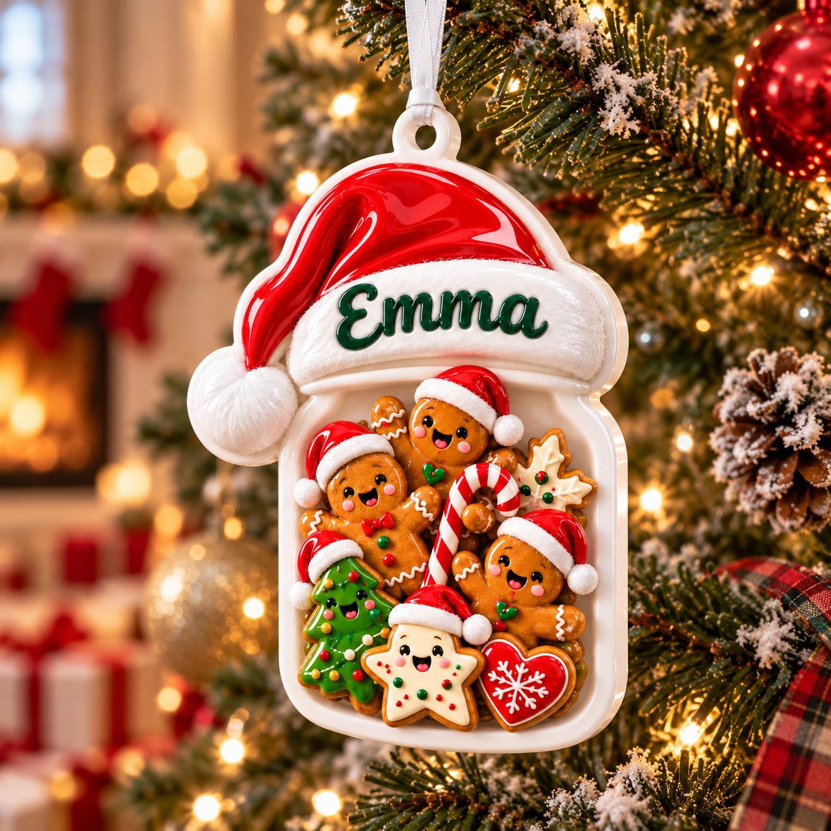Gingerbread Cookie Jar with Santa Hat Holiday Hanging Keepsake - 3D Relief Ornament