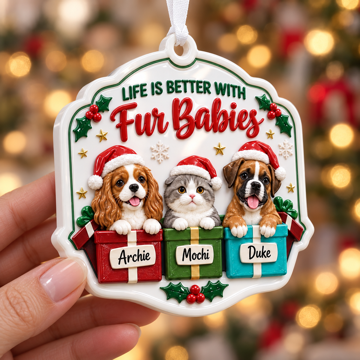 Pet Christmas Tree Hanging Plaque with Dogs, Cat in Santa Hats, Holiday Gift Boxes - 3D Relief Ornament