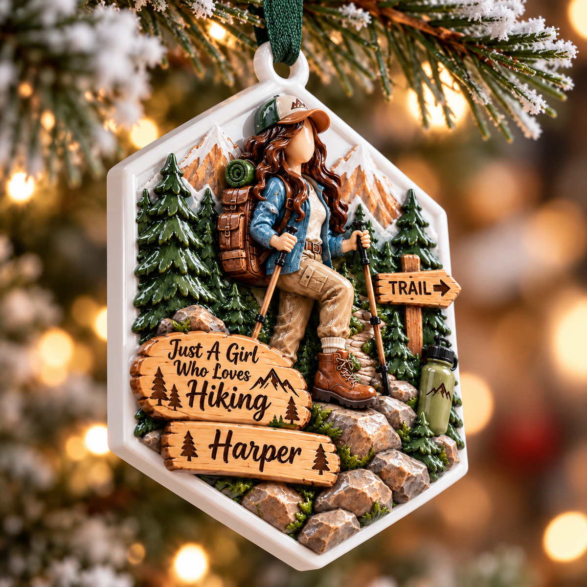Hiking Girl Mountain Trail Hexagon Holiday Keepsake - 3D Relief Ornament