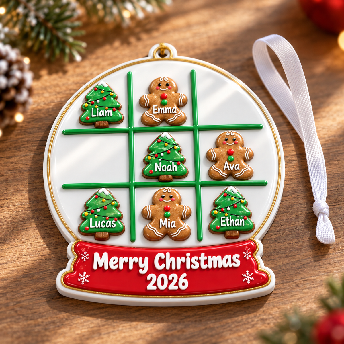 Christmas Tree and Gingerbread Man Tic Tac Toe Snow Globe Hanging Decor - 3D Relief Ornament