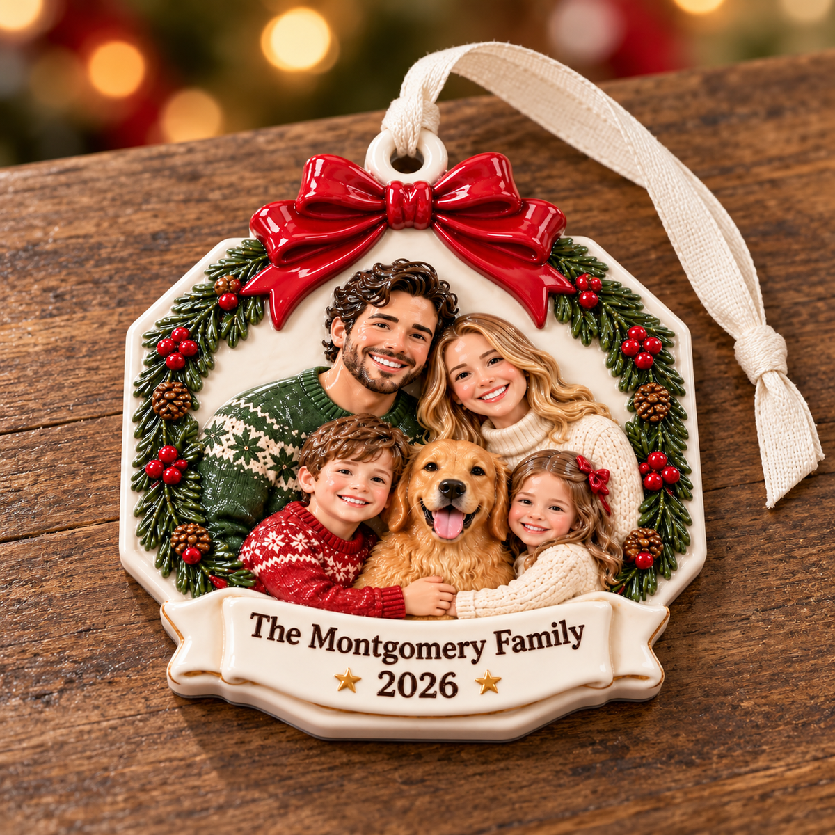 Family Portrait with Dog Wreath and Red Bow Ceramic Keepsake - 3D Relief Ornament