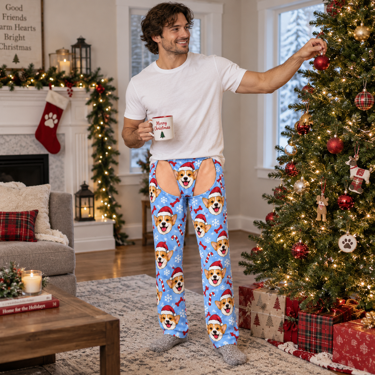 Men's Christmas Corgi Cutout Pajama Pants Light Blue Novelty Chaps
