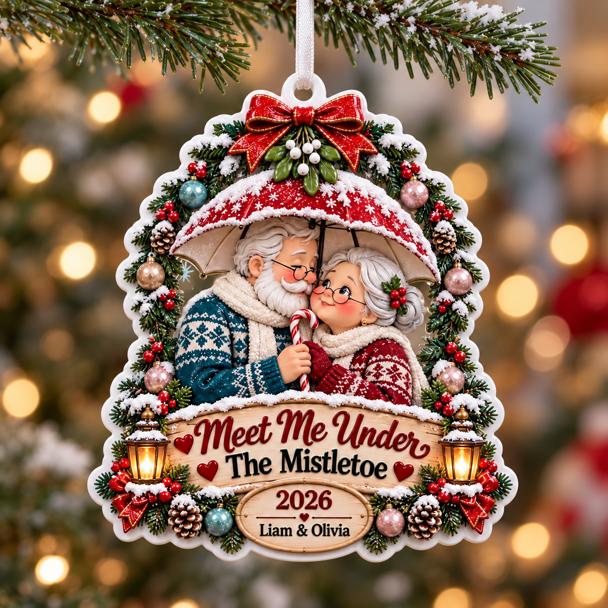 Elderly Couple Under Umbrella Holiday Tree Hanging - 3D Relief Ornament