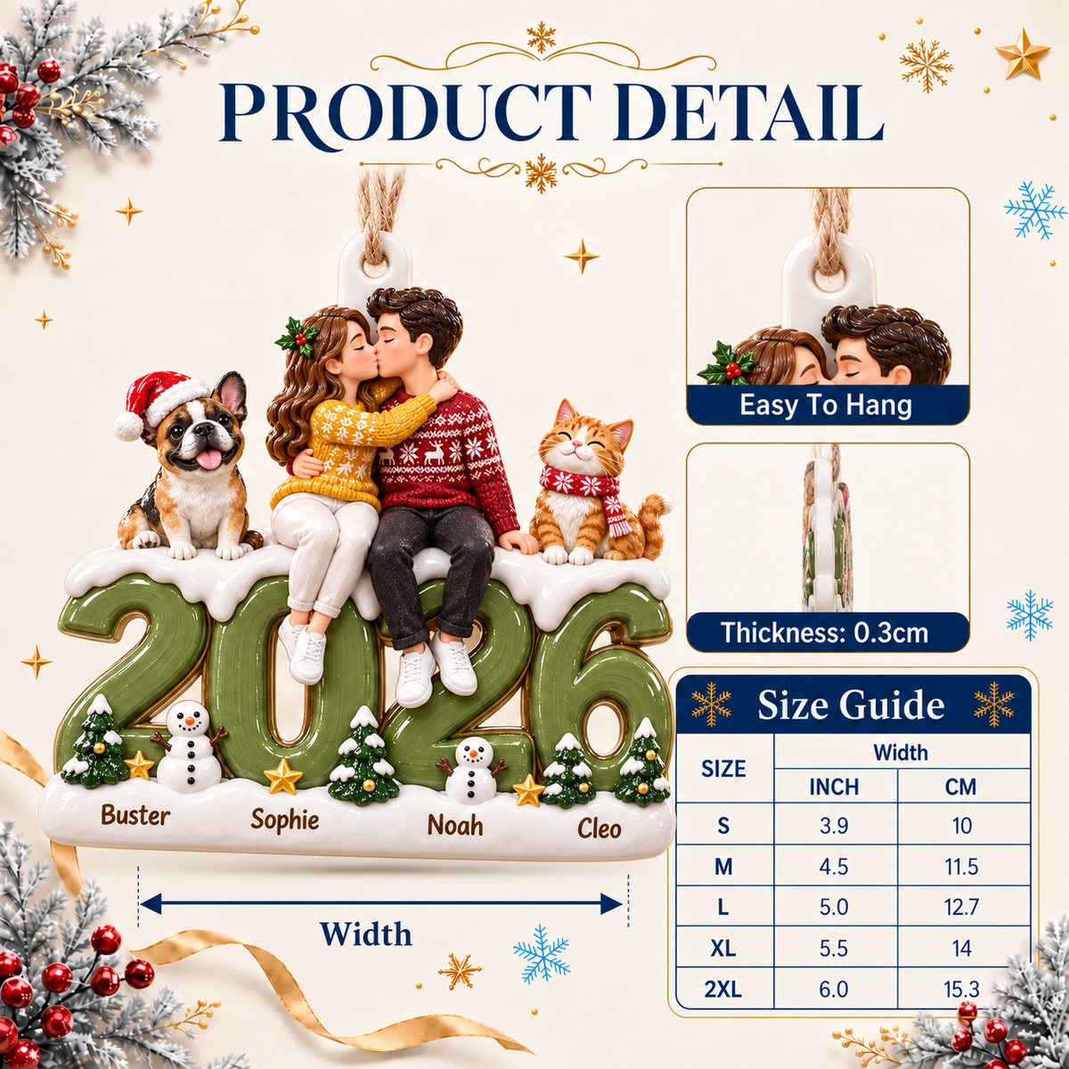 Couple with Dog and Cat on 2026 Date Resin Holiday Tree Decor - 3D Relief Ornament