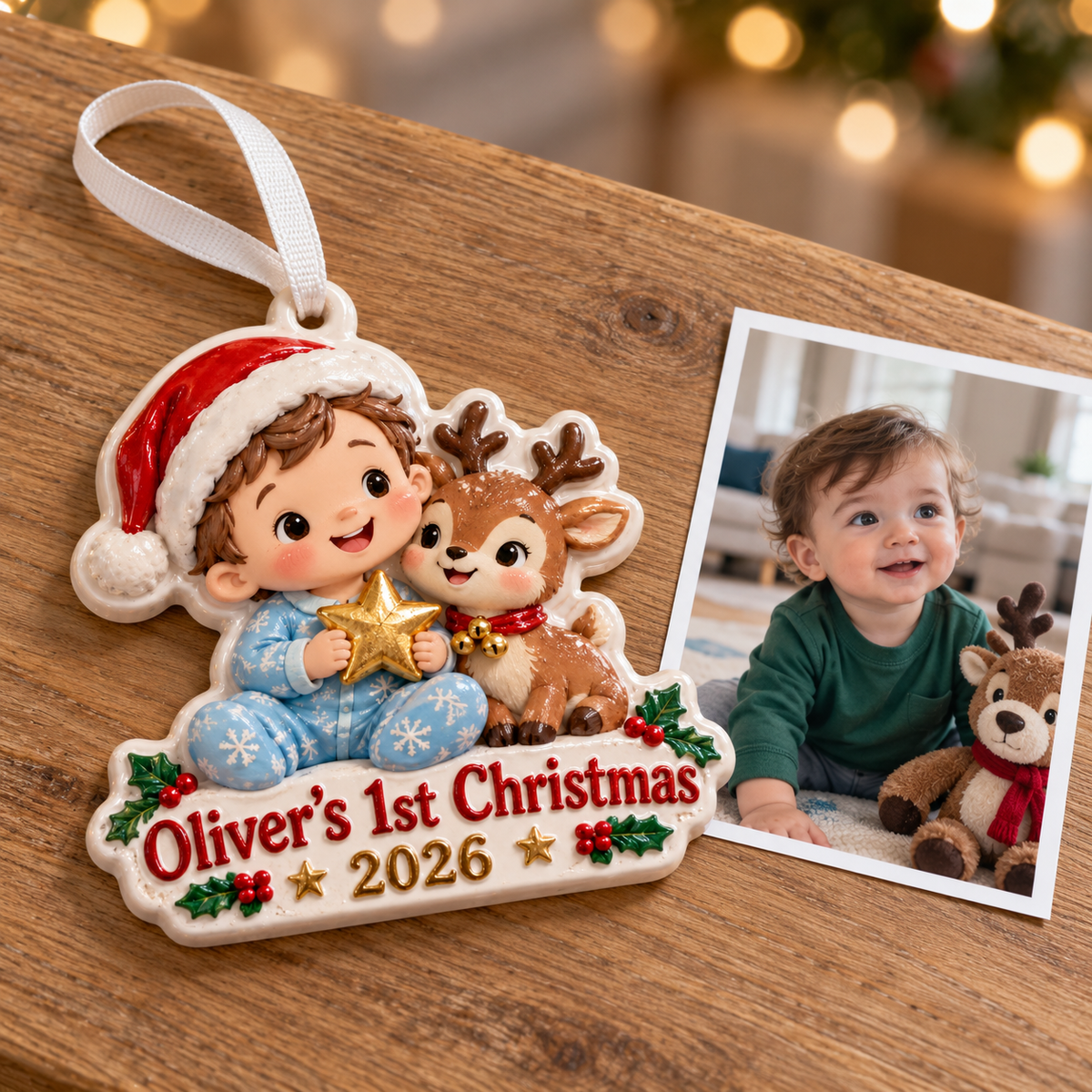 Baby Boy First Christmas Keepsake with Reindeer and Santa Hat - 3D Relief Ornament