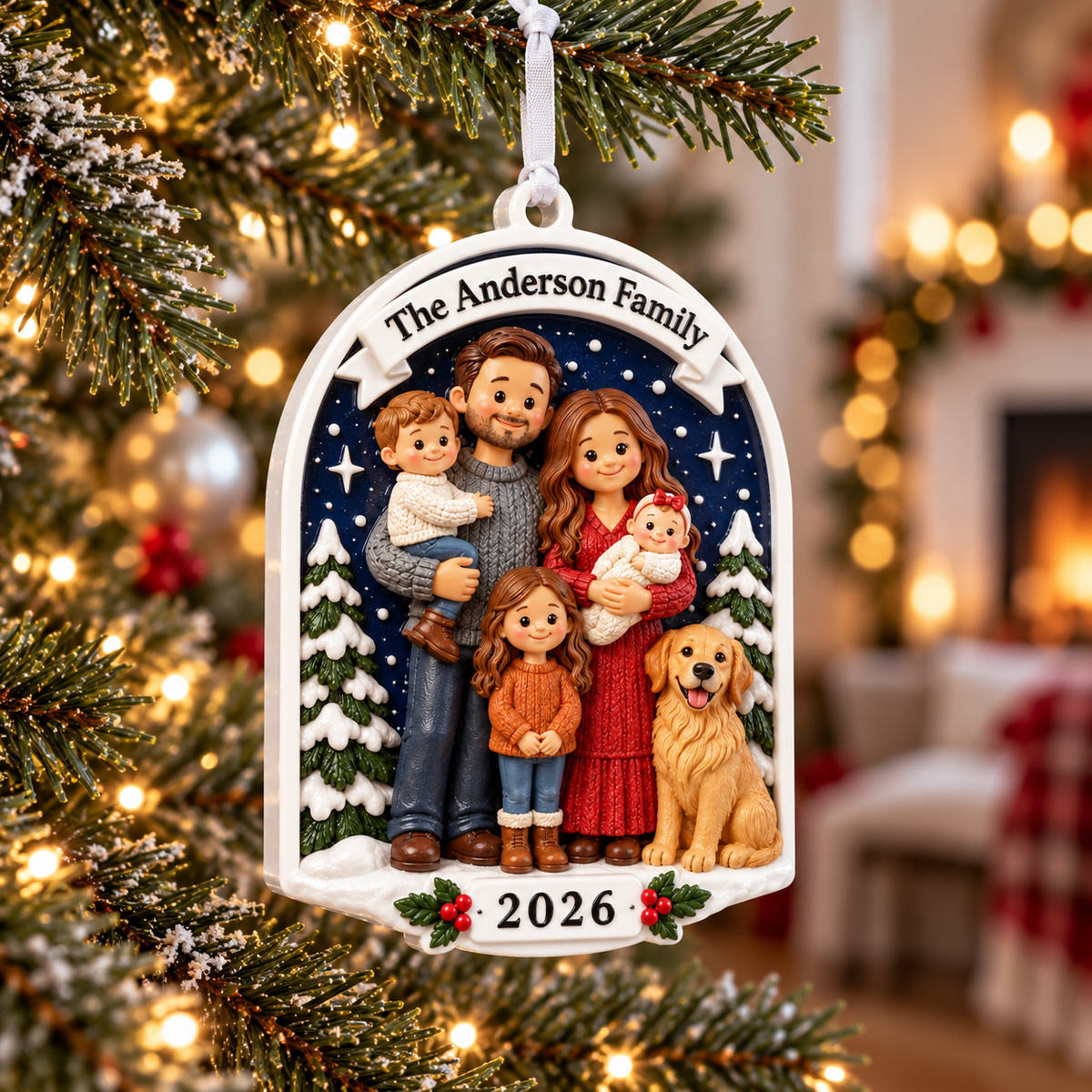 Family of Five with Golden Retriever Dog Holiday Keepsake Arch - 3D Relief Ornament